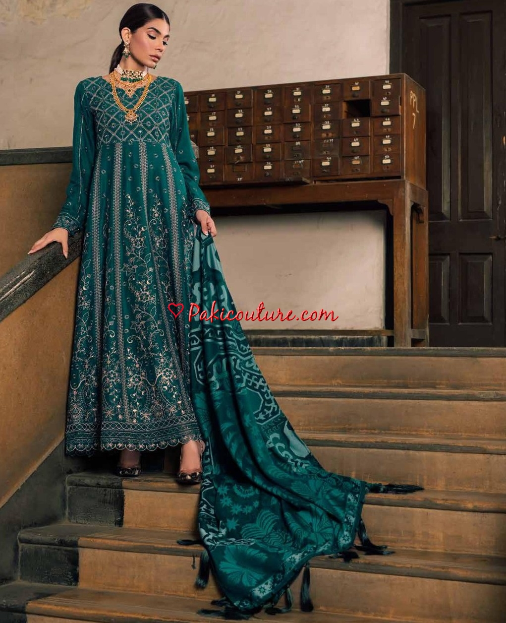 Pakistani salwar kameez winter arrival leather peech by Nureh embroidered dress popular bottle green made on custom order